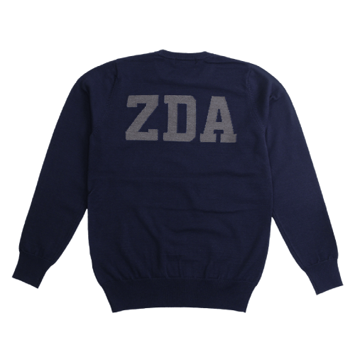 Zodia Crewneck Sweater in navy with ZDA logo on the back, perfect for casual wear and golf.