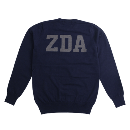 Zodia Crewneck Sweater in navy with ZDA logo on the back, perfect for casual wear and golf.