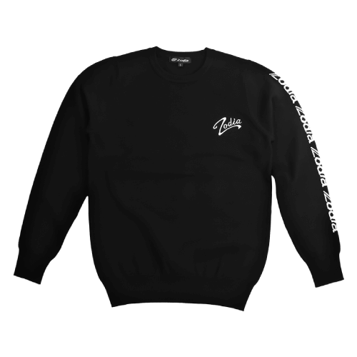 Stylish Zodia black crewneck sweater featuring a logo on the sleeve and front for versatile wear.