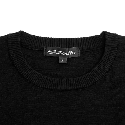 Close-up of Zodia Crewneck Sweater neckline showing logo and size label in chic black color.