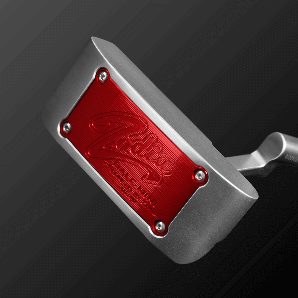 Zodia DALE-MINI CRANK Putter featuring a square design with a red face plate and crank neck for improved stroke stability.