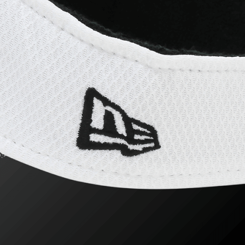 Close-up of the white Zodia Diamond Era Sun Visor with black three-dimensional logo and breathable material.
