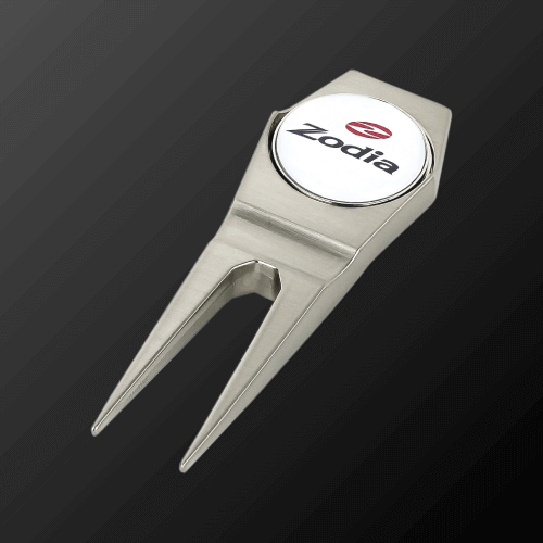 Zodia green fork with marker, stainless steel design for easy pitch marking on greens.