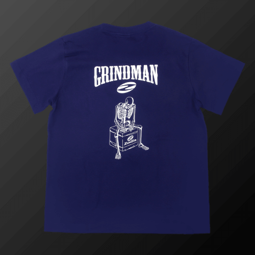 Zodia Grindman T-Shirt in navy, featuring a skeleton illustration and the word 'GRINDMAN' on the back.