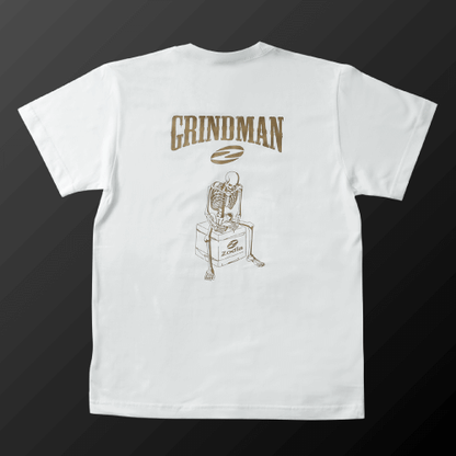 White Zodia Grindman T-Shirt featuring a skeleton illustration and bold 'GRINDMAN' text on the back.