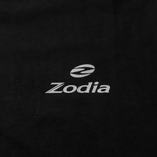 Zodia logo on a black T-shirt, showcasing the brand's sleek design and craftsmanship.