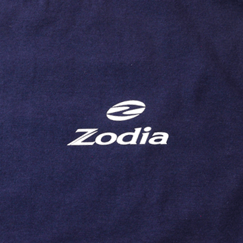 Zodia logo printed on navy fabric, showcasing brand elegance and style, perfect for casual wear.