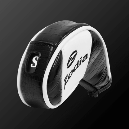 Zodia Iron Cover with S tag, featuring durable caiman pattern for iron clubs, elegant black and white design.