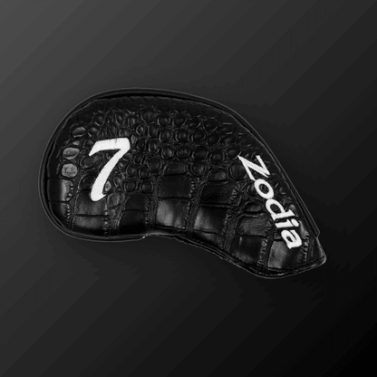 Zodia Iron Cover in black PU leather, featuring a stylish crocodile pattern and embroidered '7' for easy identification.