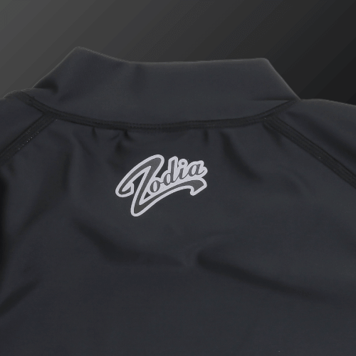 Back view of Zodia mock neck shirt featuring stylish logo design in sleek black material.