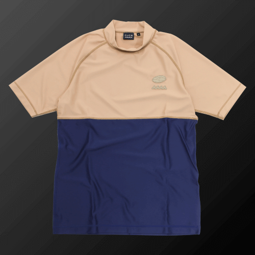 Zodia muta x Zodia mock neck shirt in beige and navy, featuring a stylish bicolor design for golf wear.