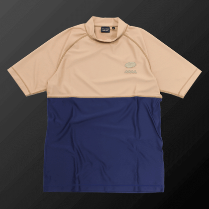 Zodia muta x Zodia mock neck shirt in beige and navy, featuring a stylish bicolor design for golf wear.