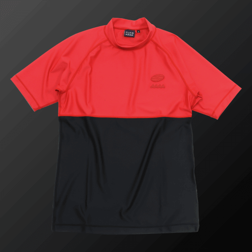 Zodia muta mock neck shirt in bicolor red and black, stylish golf apparel with a stretchy fit.