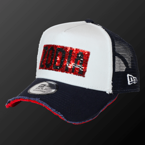 Zodia x NEW ERA 9FORTY cap with reversible sequined logo in tricolor design, adjustable fit, and cotton material.