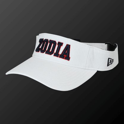 Zodia x NEW ERA white sun visor cap featuring adjustable strap and classic logo design.