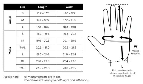 Sizing chart for Zodia Original Gloves showing length and width measurements for men and women in centimeters.