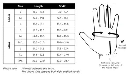 Sizing chart for Zodia Original Gloves showing length and width measurements for men and women in centimeters.