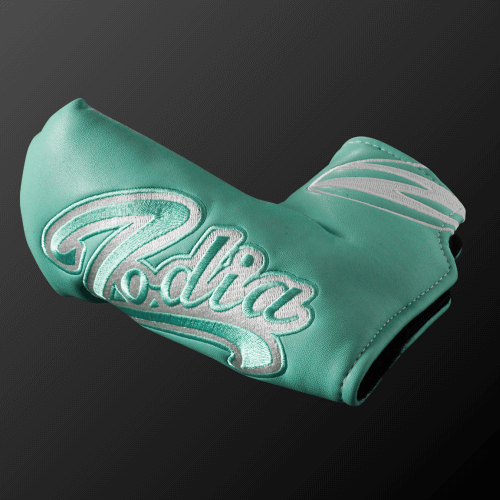 Zodia putter cover in teal with stylish logo, designed for mallet types, featuring a soft PU finish.