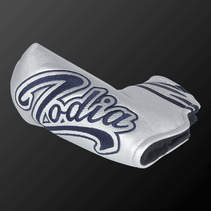 Zodia putter cover in silver with dark blue logo, designed for mallet types, featuring magnetic closure and soft PU material.