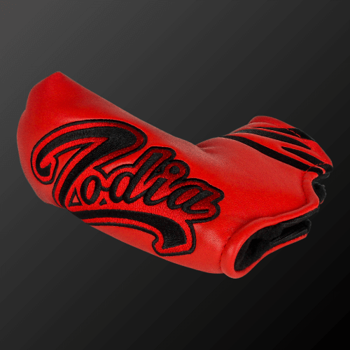 Zodia putter cover in red with black logo, designed for pin mallet types, featuring soft PU material and a magnetic closure.