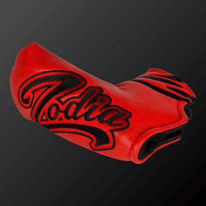 Zodia putter cover in red with black logo, designed for pin mallet types, featuring soft PU material and a magnetic closure.