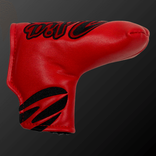 Red Zodia putter cover with pop logo, designed for pin mallet types, made of soft PU material.