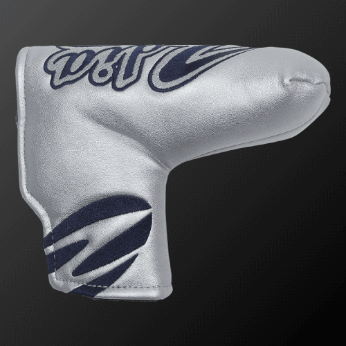 Zodia putter cover in silver with navy logo, designed for pin mallet types and featuring soft PU material.