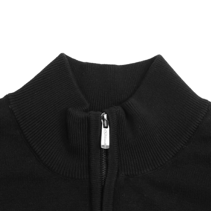 Zodia Zip-Up Sweater detail showcasing stylish crew neck and zipper design in black.