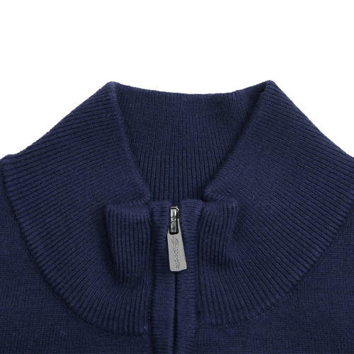 Zodia zip-up sweater collar detail in navy blue knit, featuring a stylish zip closure for easy wear.