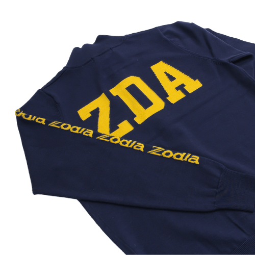 Zodia zip-up sweater showing the back design with yellow ZDA logo and sleeve accents, perfect for stylish and functional wear.