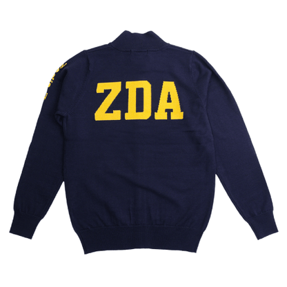 Zodia Zip-Up Sweater in navy blue featuring yellow ZDA logo on back and sleeve, combining style and functionality.