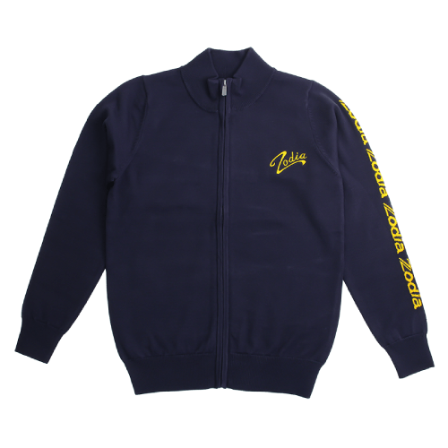 Zodia zip-up sweater in navy blue with distinctive logo design, perfect for stylish and functional wear.