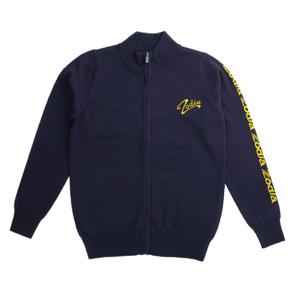Zodia zip-up sweater in navy blue with distinctive logo design, perfect for stylish and functional wear.