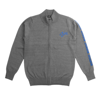 Zodia Zip-Up Sweater in gray with blue accents and logo, perfect for stylish comfort and functionality.