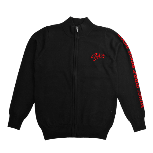 Zodia zip-up sweater in black featuring a red logo, stylish crew neck, and distinctive design for versatility.
